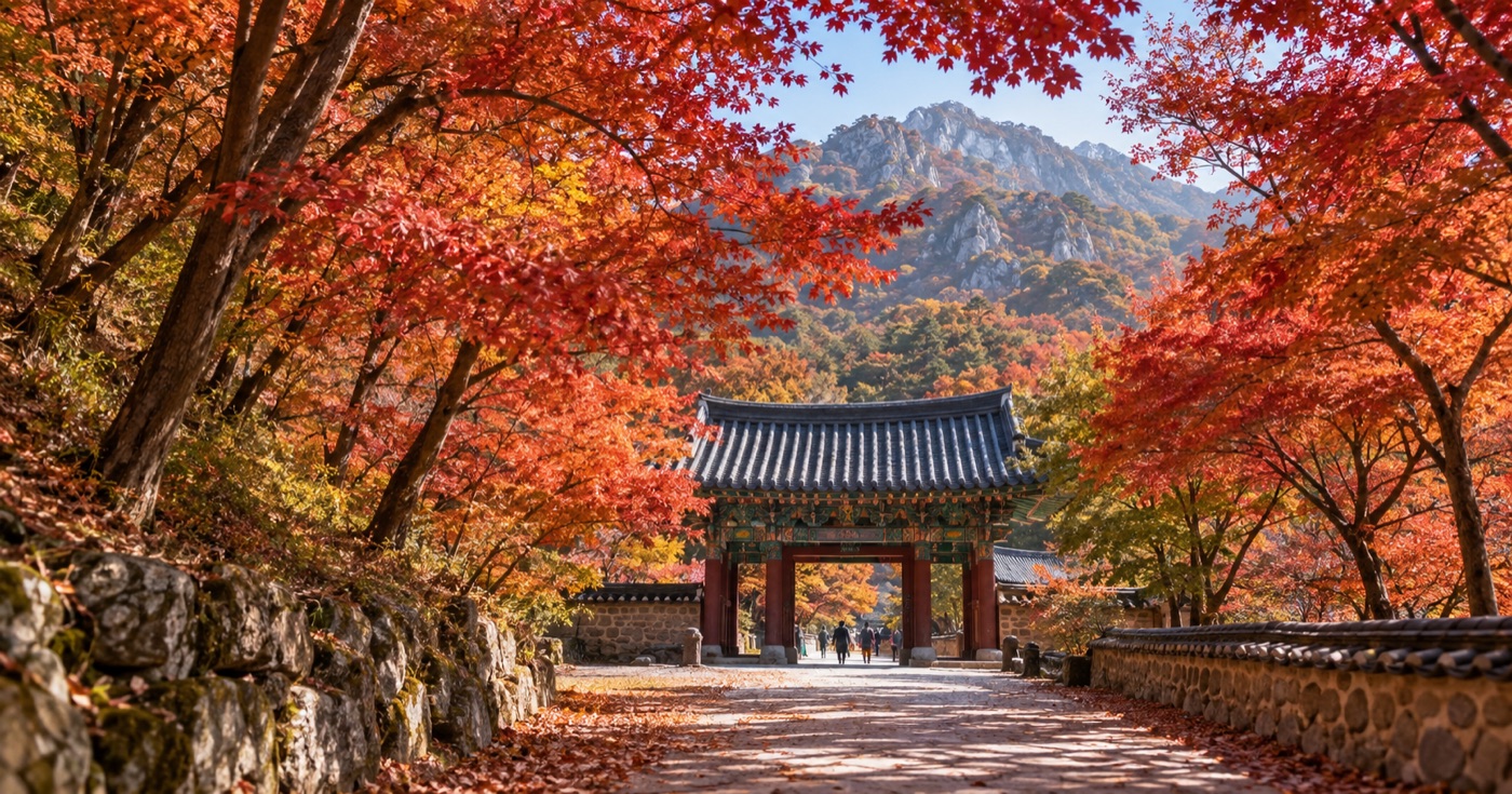 Maple-lined path leading to a Korean temple gate at Naejangsan in autumn