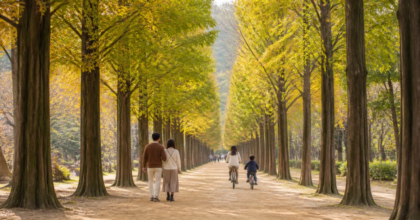 Golden autumn trees lining a path on Nami Island