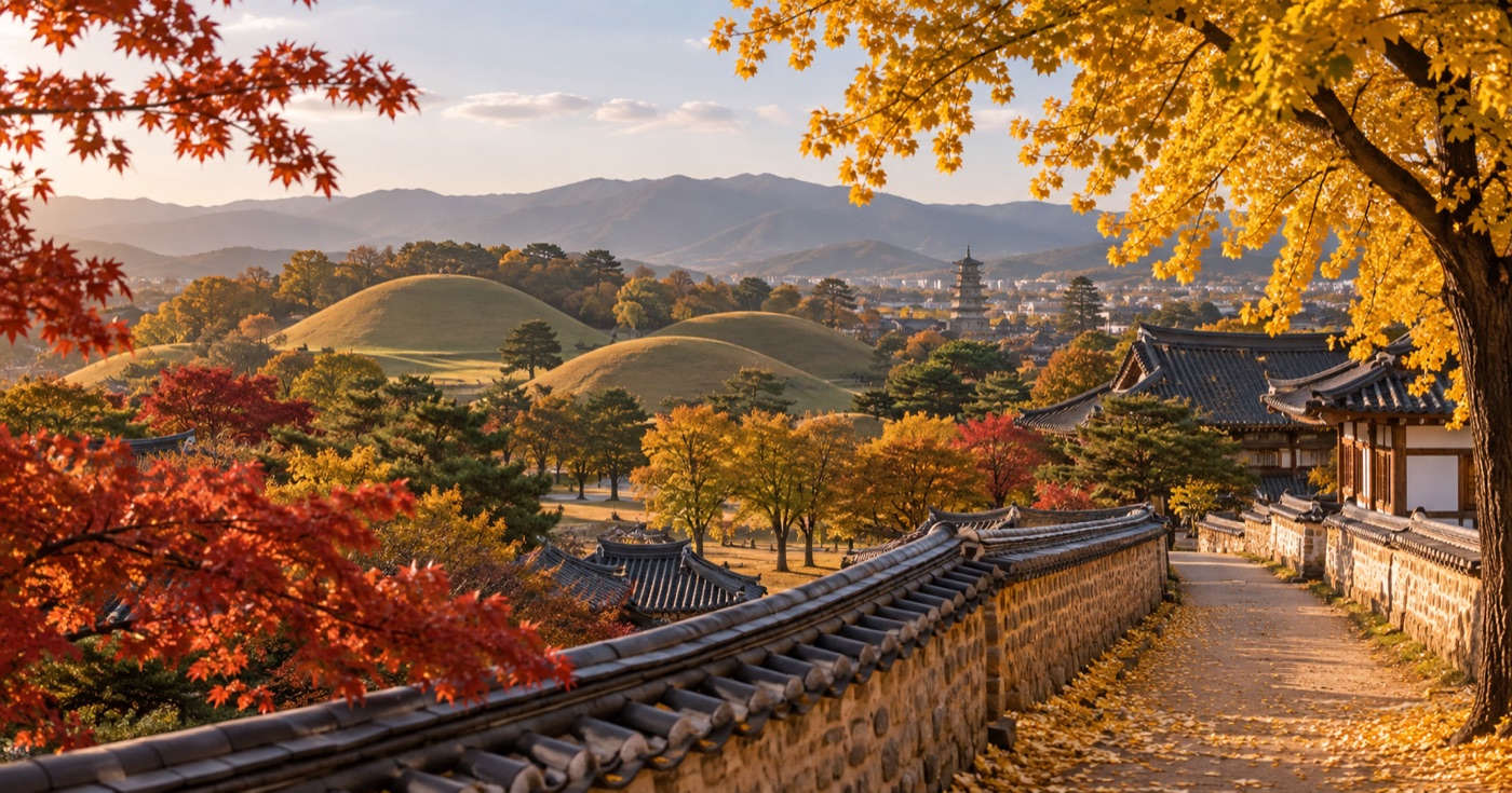 Gyeongju heritage landscape surrounded by autumn foliage