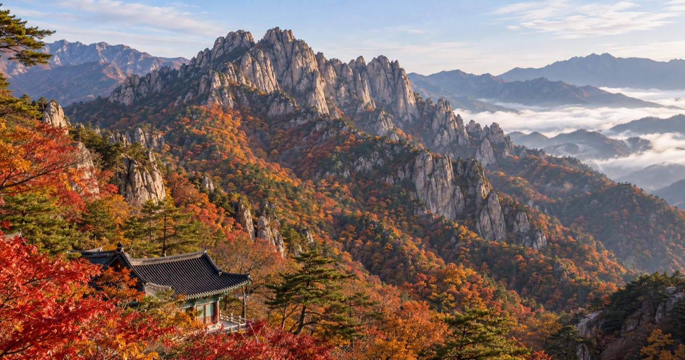 Seoraksan mountains above colorful autumn forest