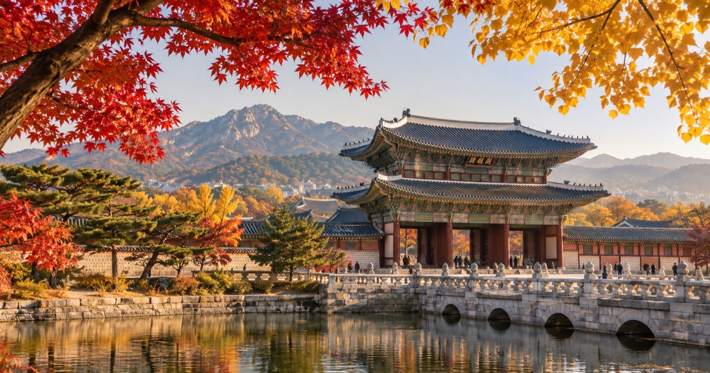 Royal Korean architecture surrounded by autumn colors in Seoul